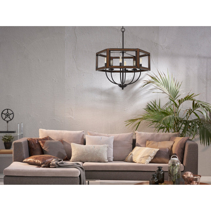 60W X 6 RENTON HEXAGON RUBBER WOOD / METAL CHANDELIER Cal Lighting