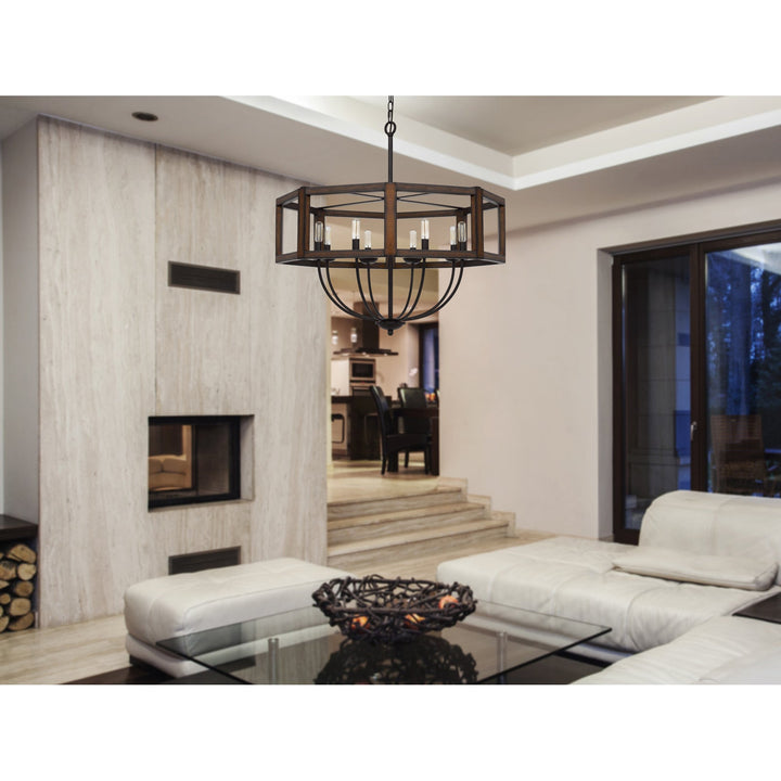 60W X 8 RENTON HEXAGON RUBBER WOOD / METAL CHANDELIER Cal Lighting