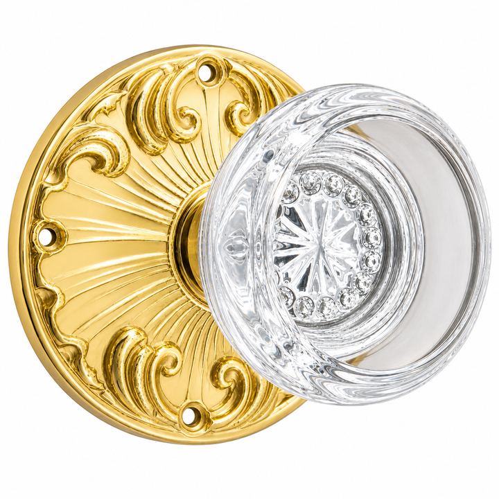 Romanesque Rosette Door Knob Set with Round Crystal Door Knobs (Several Finishes Available)