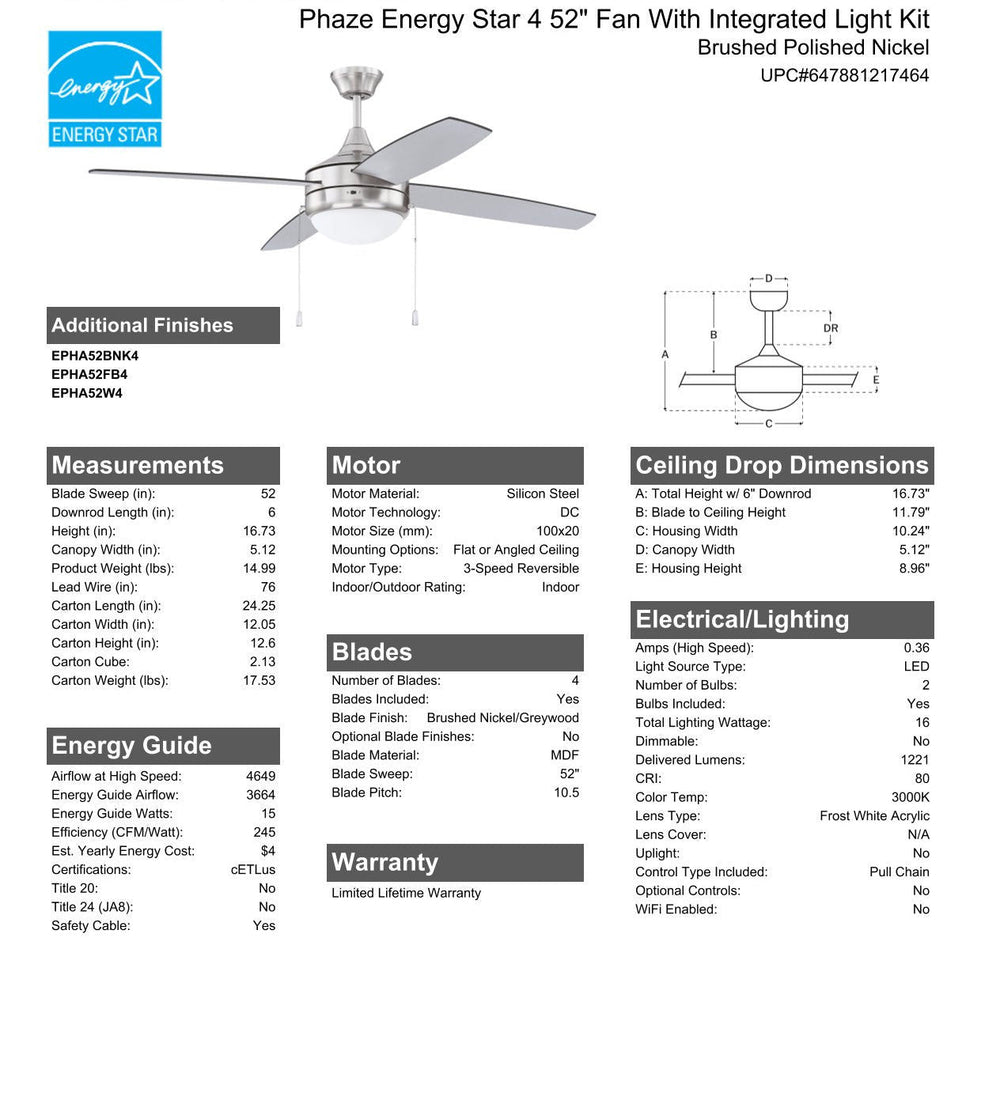 ##Antique Hardware## 52" Phaze Energy Star 4 in Brushed Polished Nickel w/ Brushed Nickel/Greywood Blades