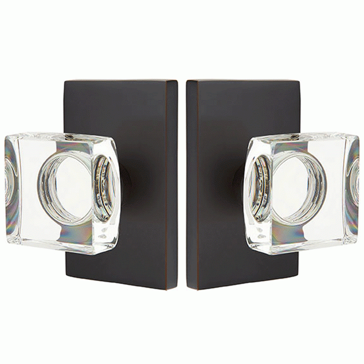 Emtek Modern Square Crystal Door Knob Set With Modern Rectangular Rosette (Several Finish Options) EMTEK