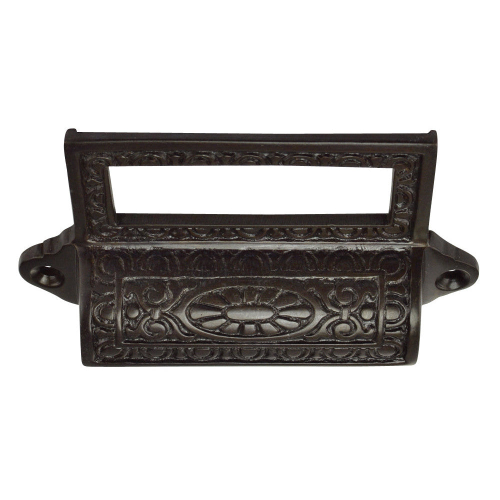 4 1/8 Inch Overall (3 1/2 Inch c-c) Solid Brass Victorian Label Style Bin Pull