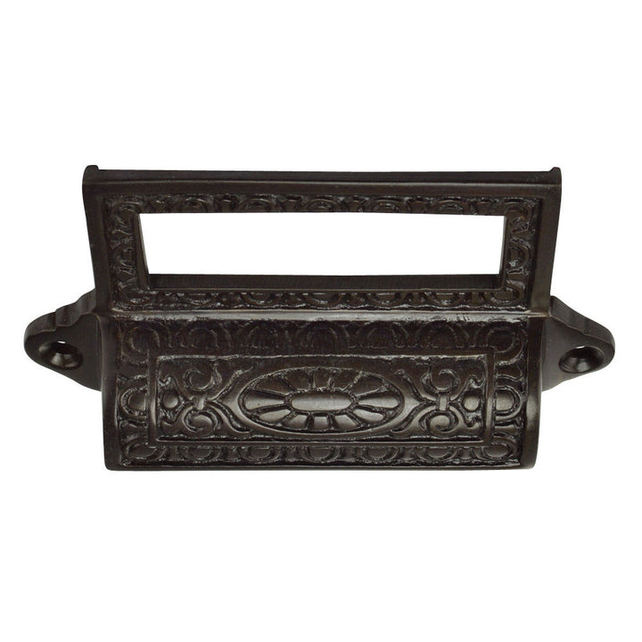 4 1/8 Inch Overall (3 1/2 Inch c-c) Solid Brass Victorian Label Style Bin Pull