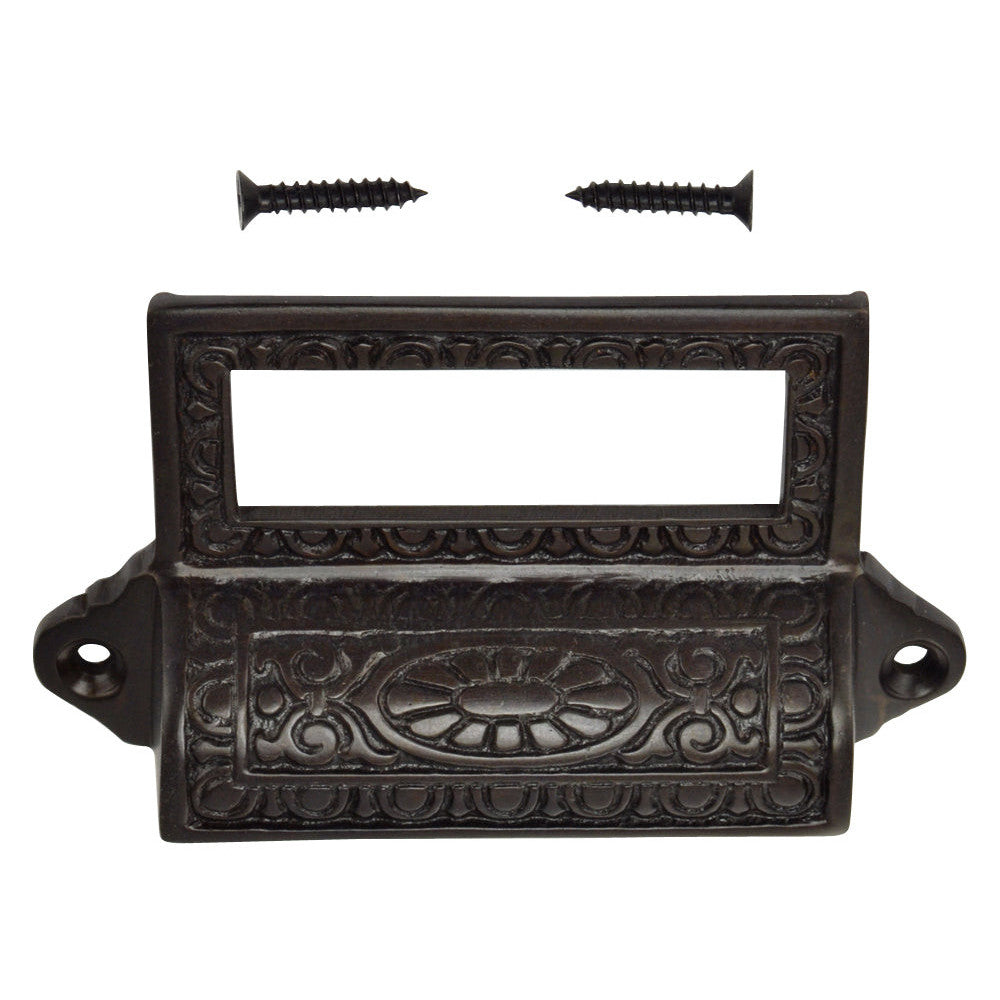 4 1/8 Inch Overall (3 1/2 Inch c-c) Solid Brass Victorian Label Style Bin Pull